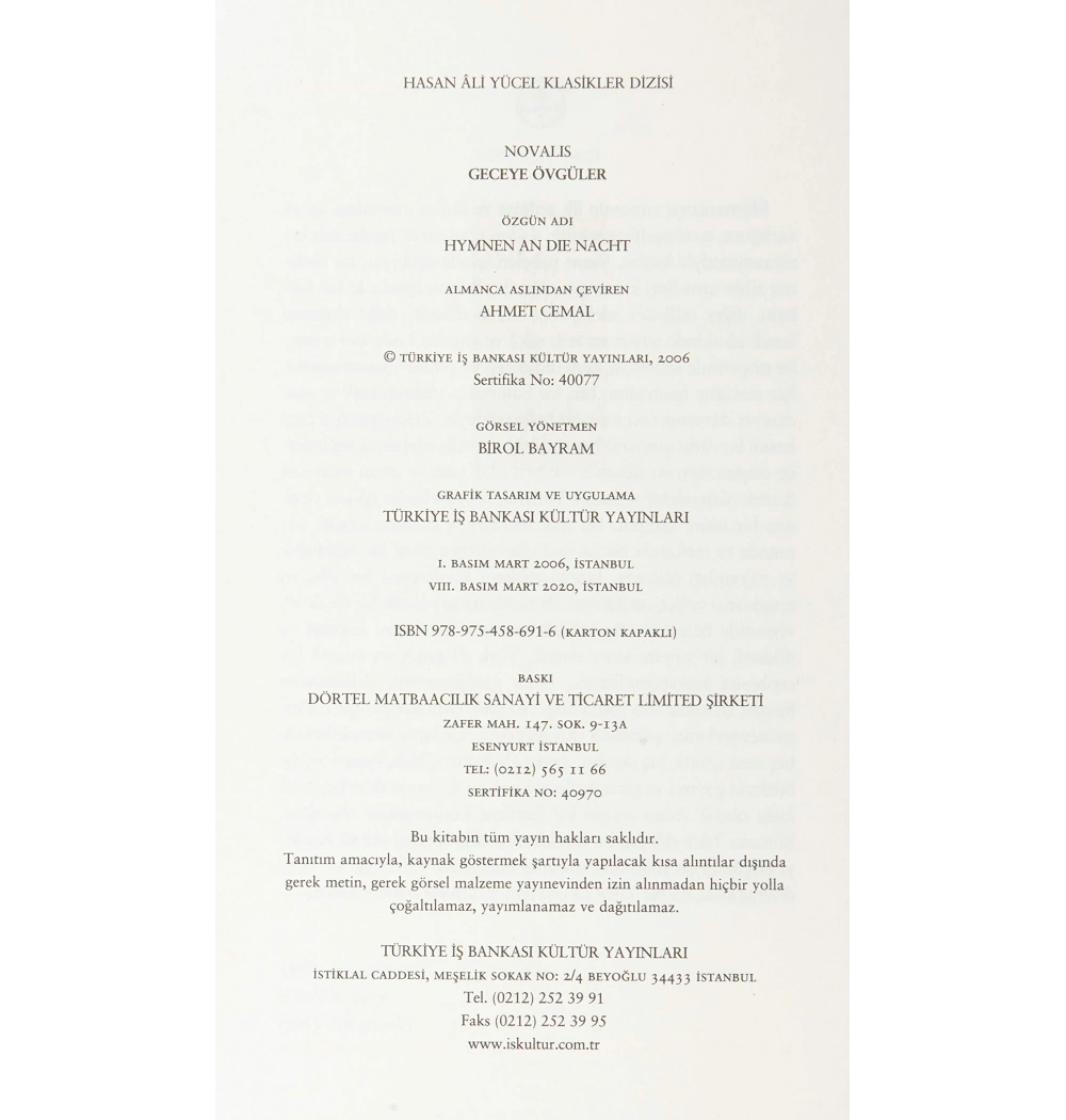 Geceye Övgüler Almanca-Türkçe Novalis  İş Bankası