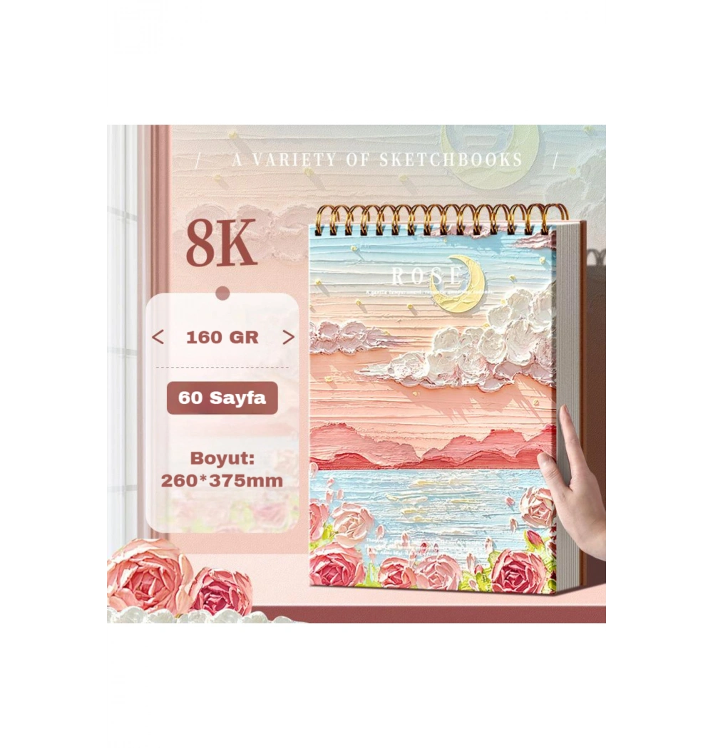 8K 160 Gr Kağıt Aydan Çiçek Temalı Spiral 60 Sayfa Profesyonel Çizim Defteri