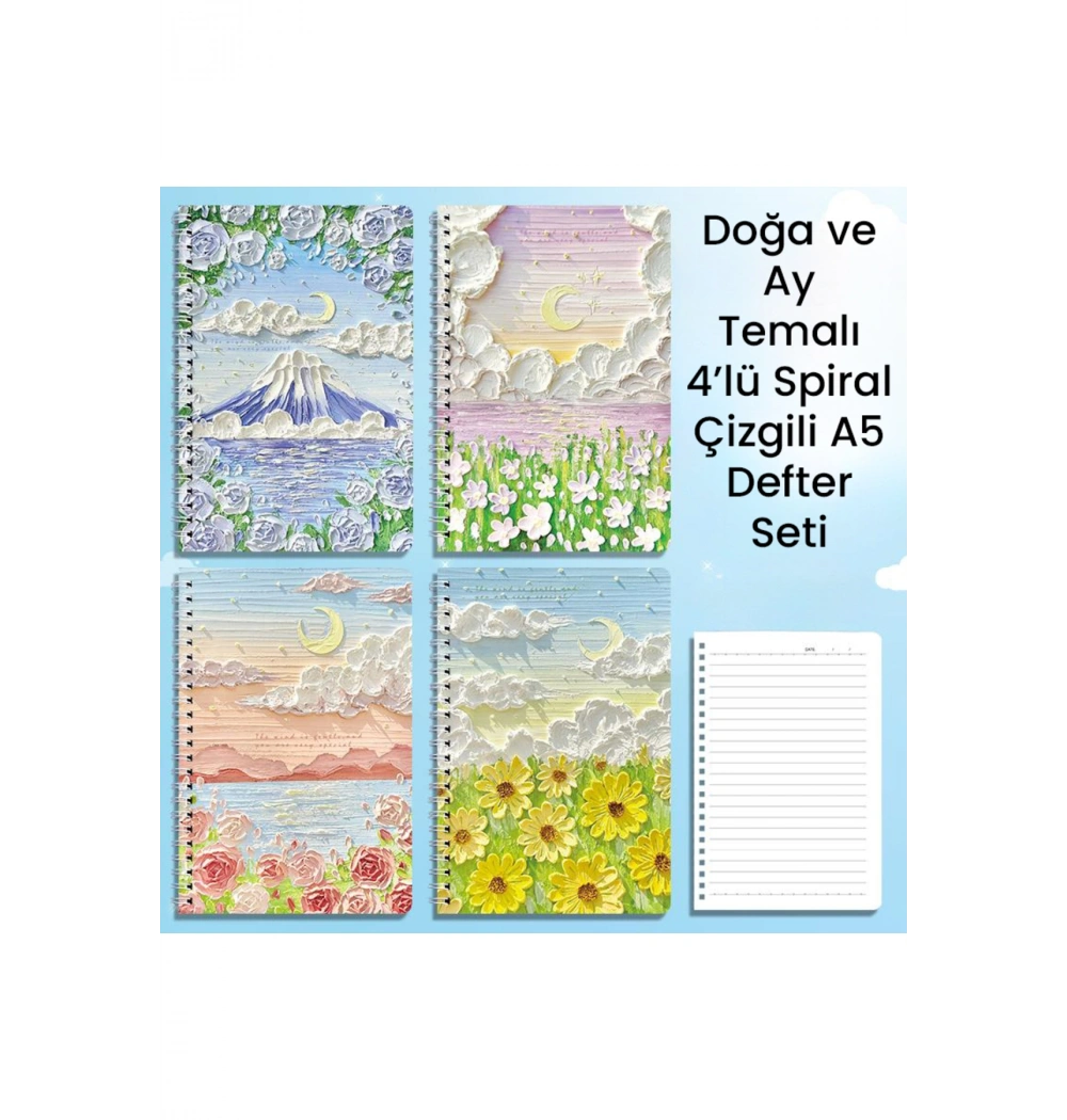 Doğa Ve Ay Temalı 4 lü Spiral Çizgili A5 Defter