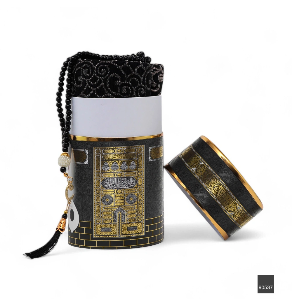 Taç Silindir Kutu (17*10*32)  + Cam İnci Tesbih (6mm)  + Lüks Tafta Seccade Seti