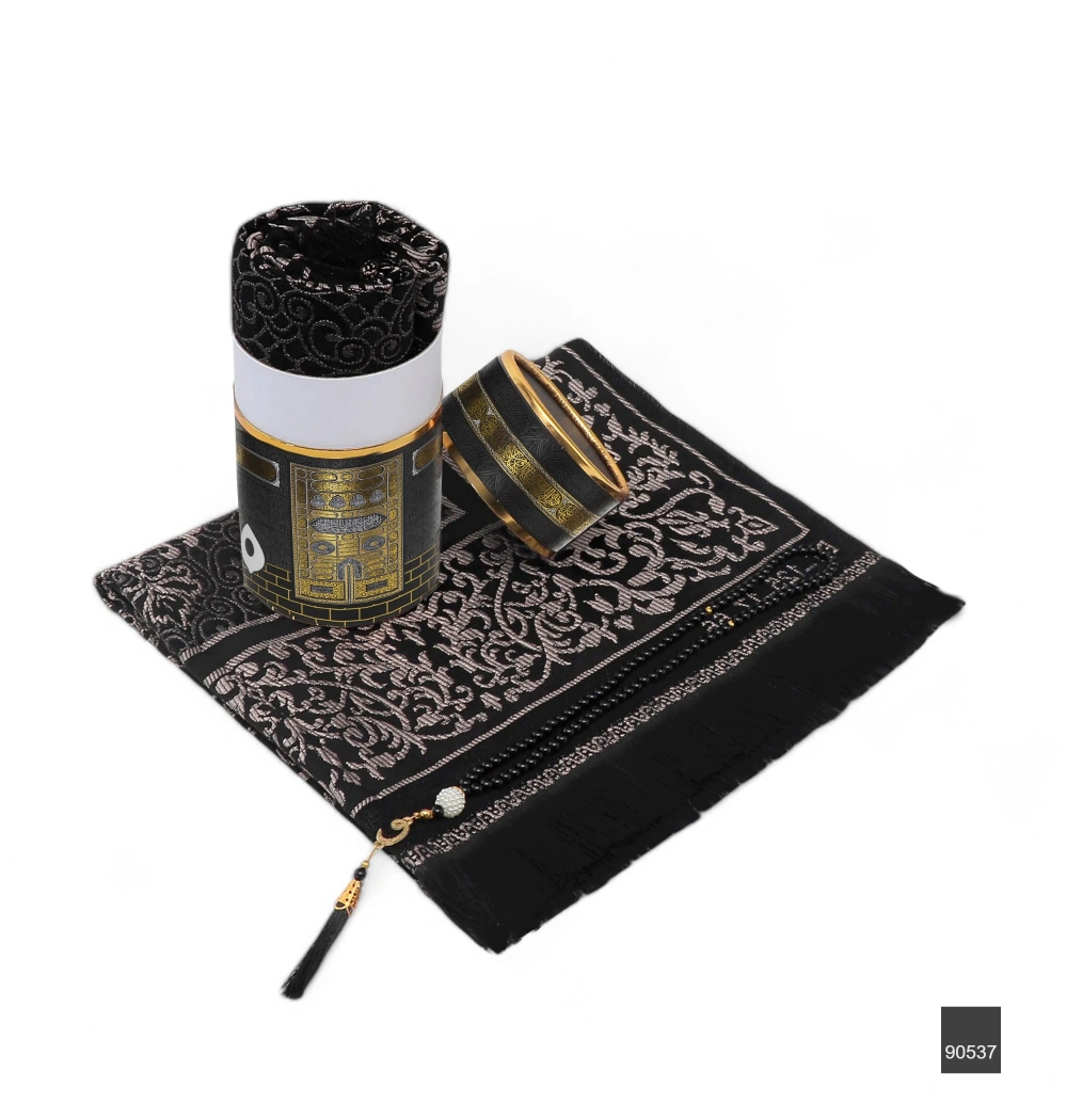 Taç Silindir Kutu (17*10*32)  + Cam İnci Tesbih (6mm)  + Lüks Tafta Seccade Seti