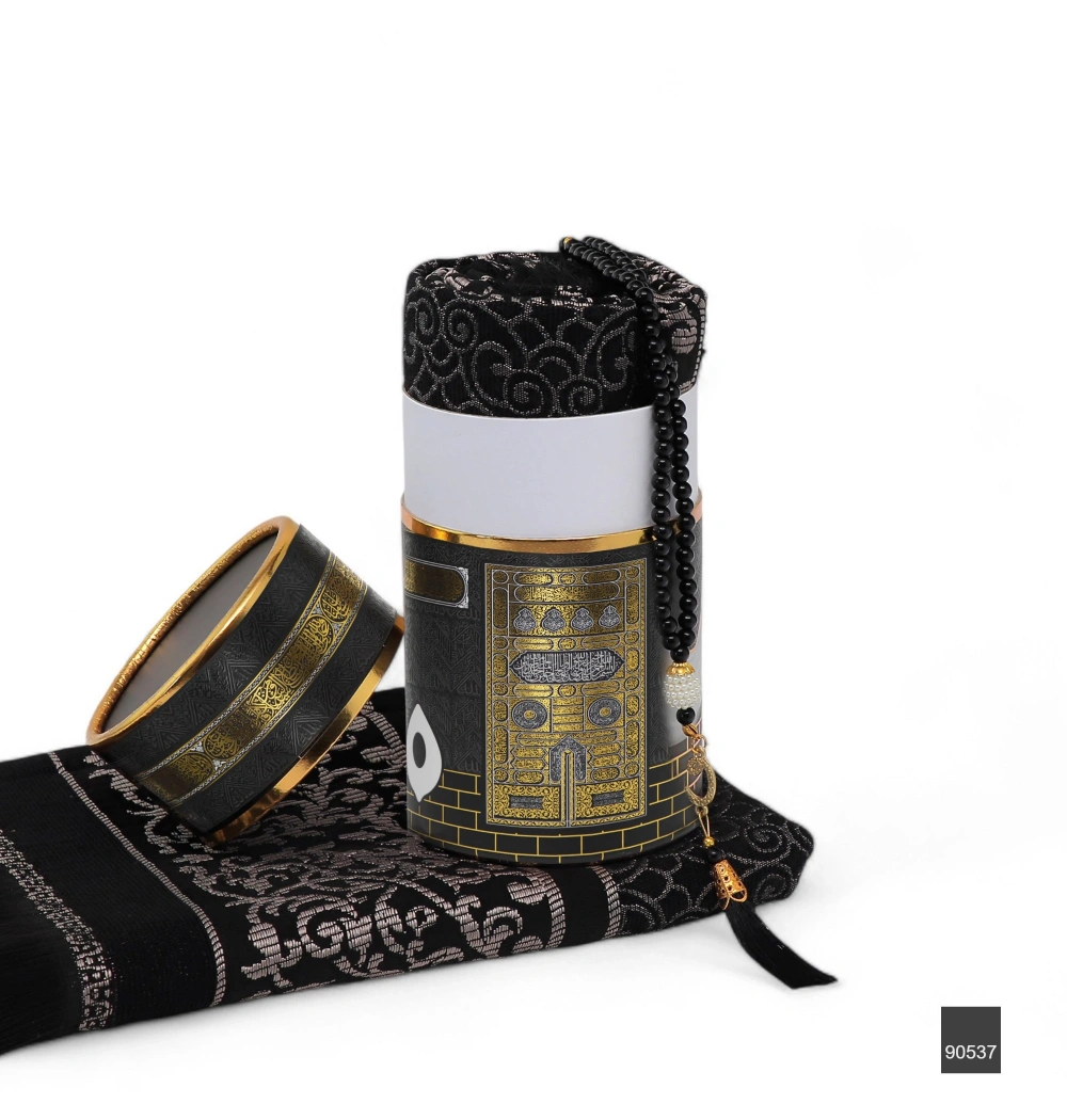 Taç Silindir Kutu (17*10*32)  + Cam İnci Tesbih (6mm)  + Lüks Tafta Seccade Seti