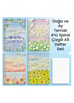 Doğa Ve Ay Temalı 4 lü Spiral Çizgili A5 Defter