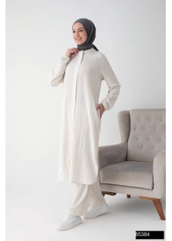 Modamiss Bürümcük Kumaş Bayan Hac ve Umre Elbisesi (2 parça) - Krem