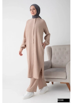 Modamiss Bürümcük Kumaş Bayan Hac ve Umre Elbisesi (2 parça) - Vizon