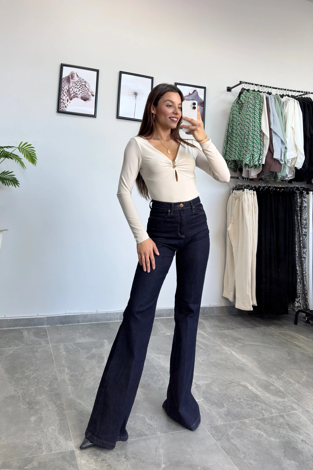 Full Likralı Lacivert İspanyol Paça Kot Pantolon