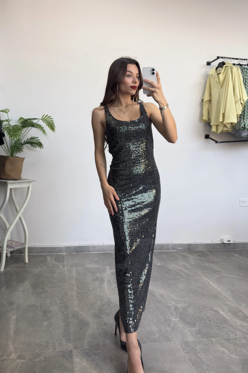 Askılı Payetli Uzun Elbise