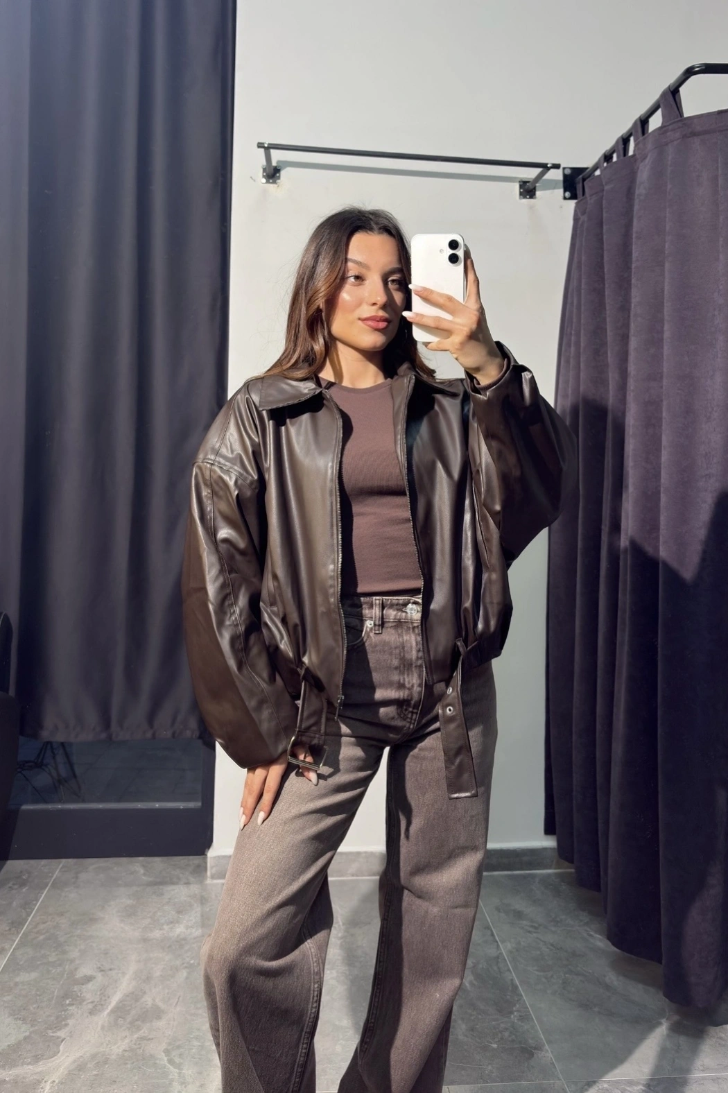 Kahverengi Deri Bomber Ceket