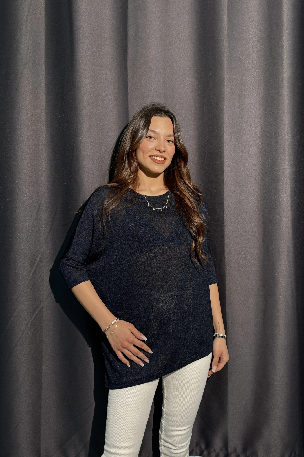 Metalik Dokulu Lacivert Salaş Bluz