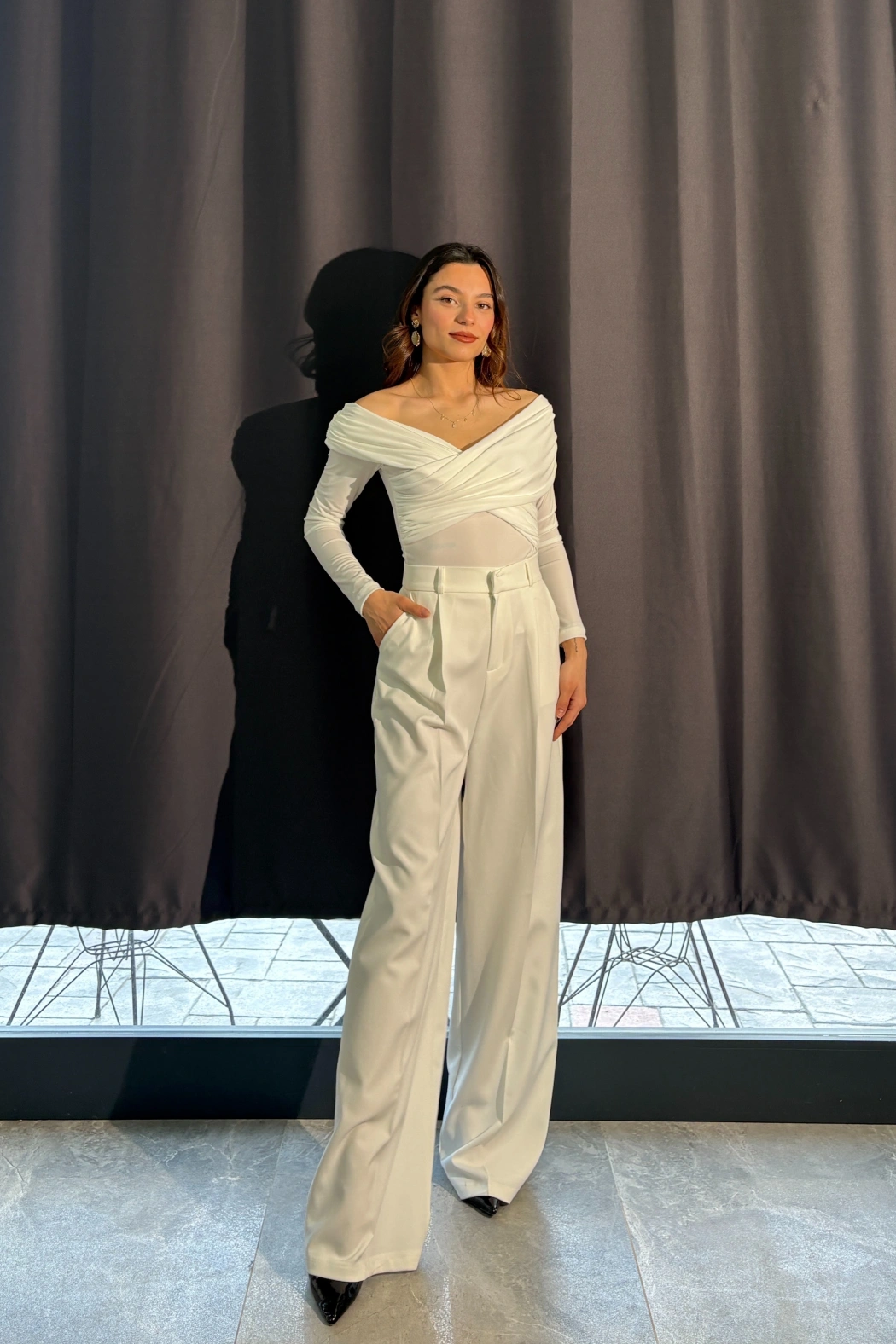 Beyaz Palazzo Kumaş Pantolon