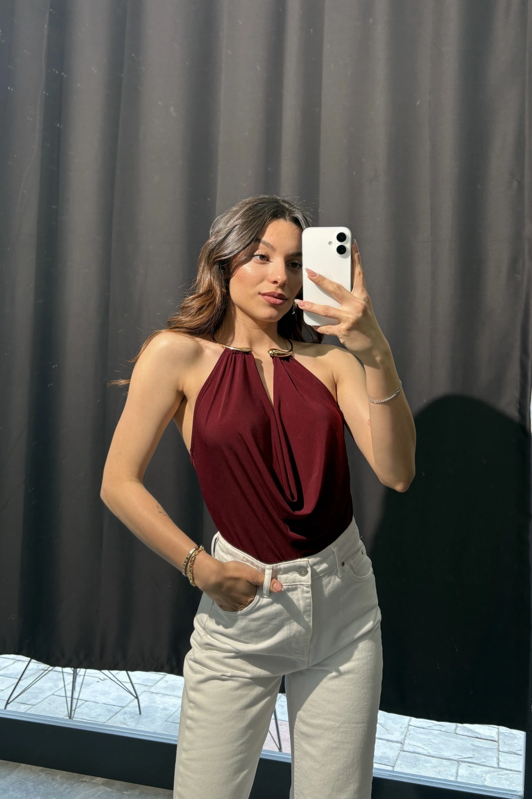 Gold Aksesuar Detay Bordo Bodysuit