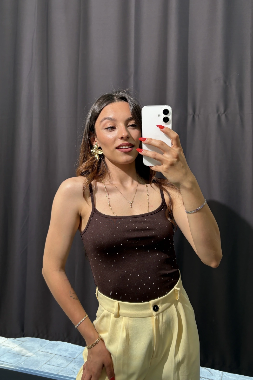 Taşlı İp Askılı Bodysuit Kahverengi