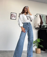 Taşlı Wide Leg Kot Pantolon