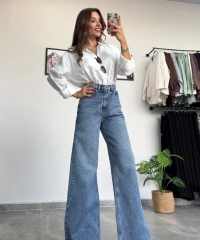 Taşlı Wide Leg Kot Pantolon