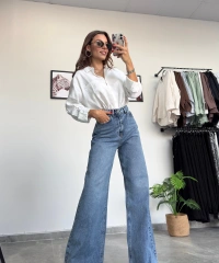 Taşlı Wide Leg Kot Pantolon