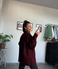 Bordo Taş Düğme Oversize Hırka