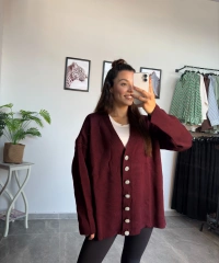 Bordo Taş Düğme Oversize Hırka