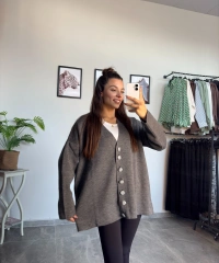Antrasit Taş Düğme Oversize Hırka