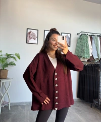 Bordo Taş Düğme Oversize Hırka