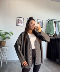 Antrasit Taş Düğme Oversize Hırka