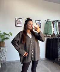 Antrasit Taş Düğme Oversize Hırka