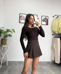 Pens Detay Kahverengi Şort Etek