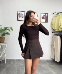 Pens Detay Kahverengi Şort Etek