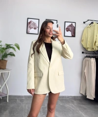 Krem Deri Blazer Ceket