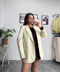 Krem Deri Blazer Ceket