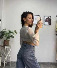 Taşlı İspanyol Kol Beyaz Tül