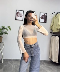 Taşlı İspanyol Kol Beyaz Tül