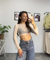 Taşlı İspanyol Kol Beyaz Tül