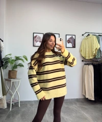 Kahve Çizgili Sarı Kazak