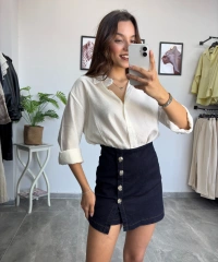 Yüksek Bel Düğme Detay Kot Şort Etek