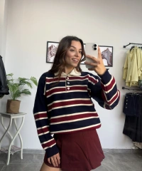 Polo Yaka Bordo Lacivert Çizgili Kazak