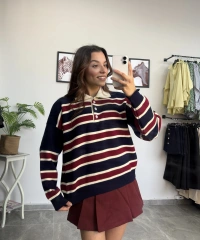 Polo Yaka Bordo Lacivert Çizgili Kazak