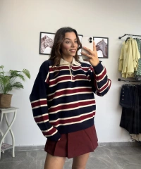 Polo Yaka Bordo Lacivert Çizgili Kazak