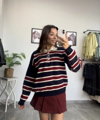 Polo Yaka Bordo Lacivert Çizgili Kazak