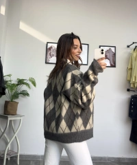 Baklava Desen Gri Kazak