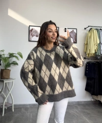 Baklava Desen Gri Kazak