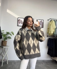 Baklava Desen Gri Kazak