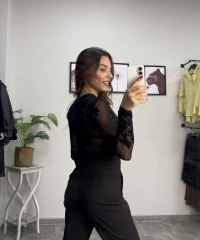 Kadife Detay Transparan Bluz