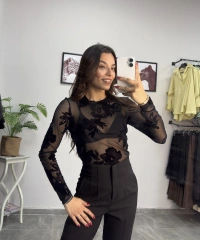 Kadife Detay Transparan Bluz