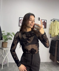 Kadife Detay Transparan Bluz