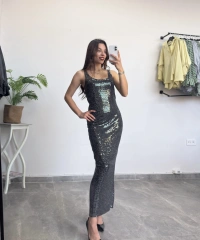 Askılı Payetli Uzun Elbise