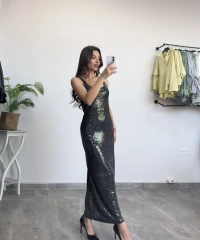 Askılı Payetli Uzun Elbise