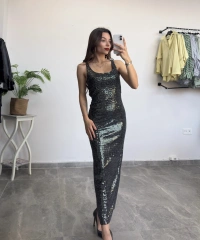 Askılı Payetli Uzun Elbise