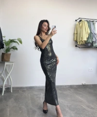 Askılı Payetli Uzun Elbise