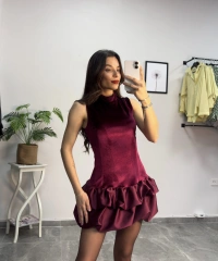 Bordo İçi Şortlu Kadife Kısa Balon Elbise