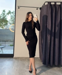 Kalın Bürümcük Siyah Uzun Elbise